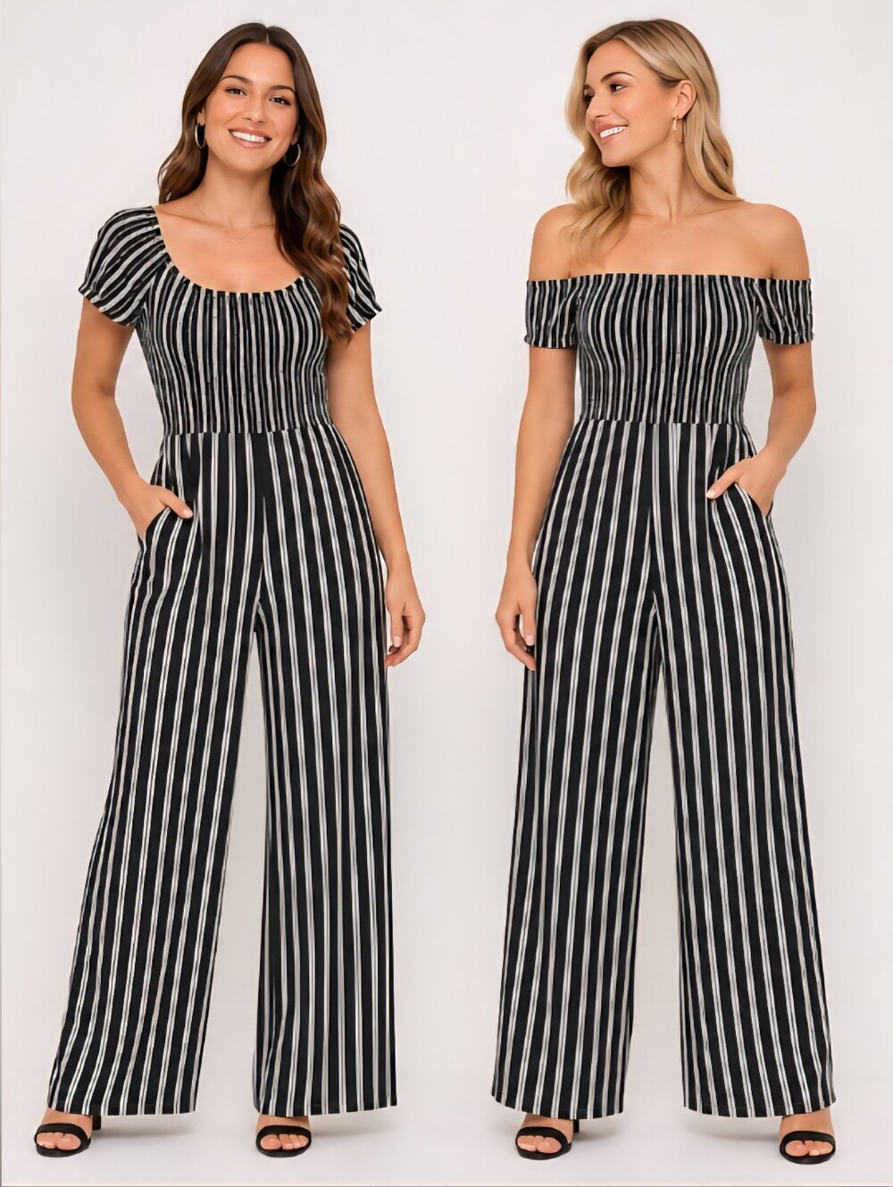 Justify XL Off Shoulder Sleveless Black & White Striped Wide Leg Jumpsuit Pocket